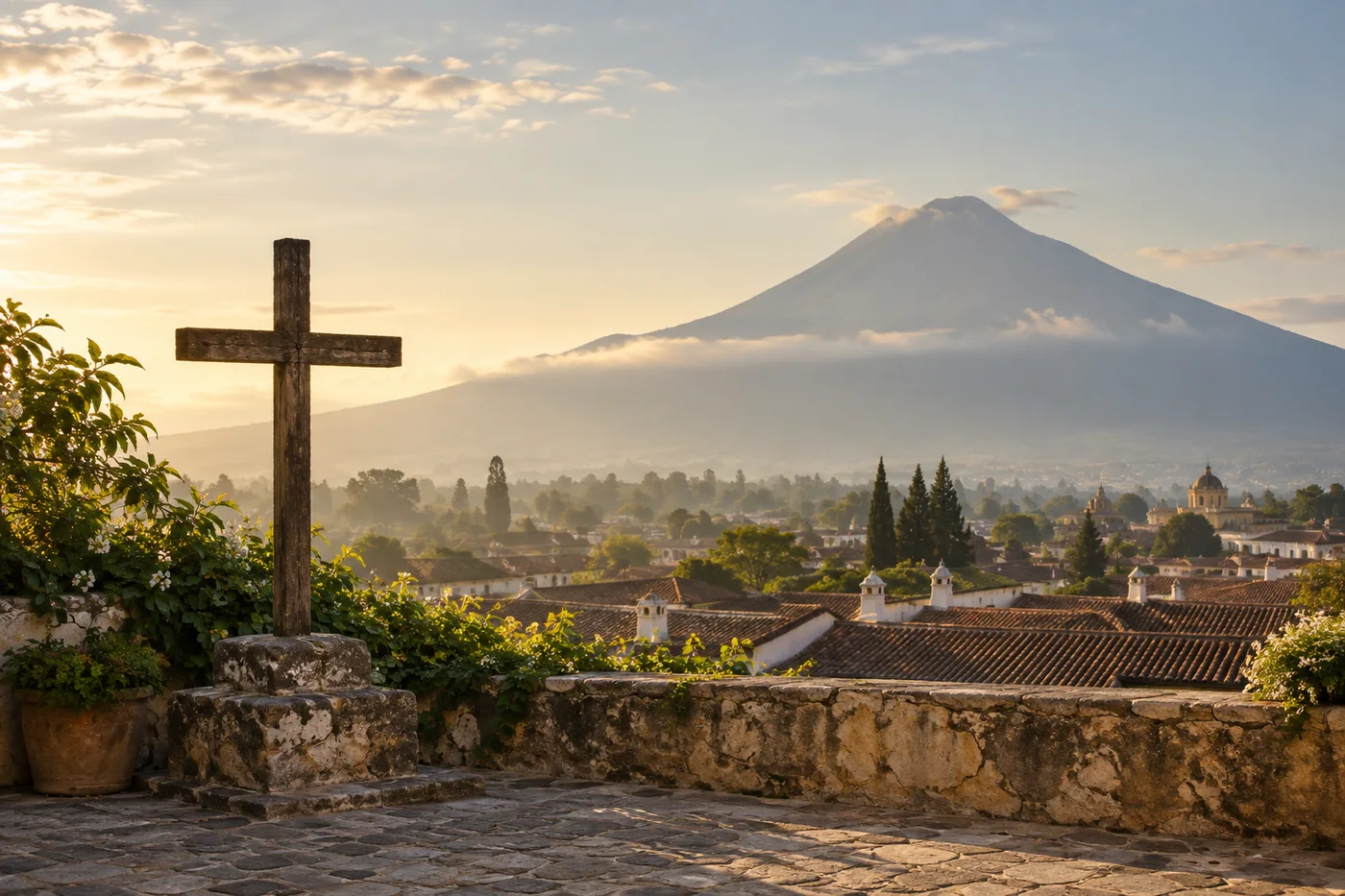 Illustrative scene of a cross above a town evocative of Antigua, Guatemala