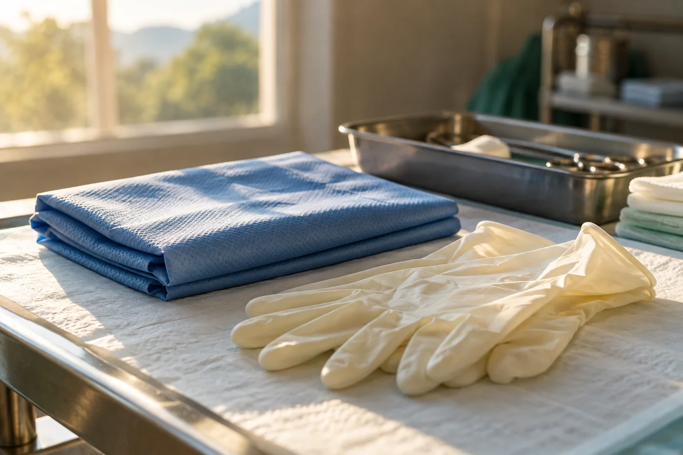 Illustrative still life of surgical gloves and prepared supplies
