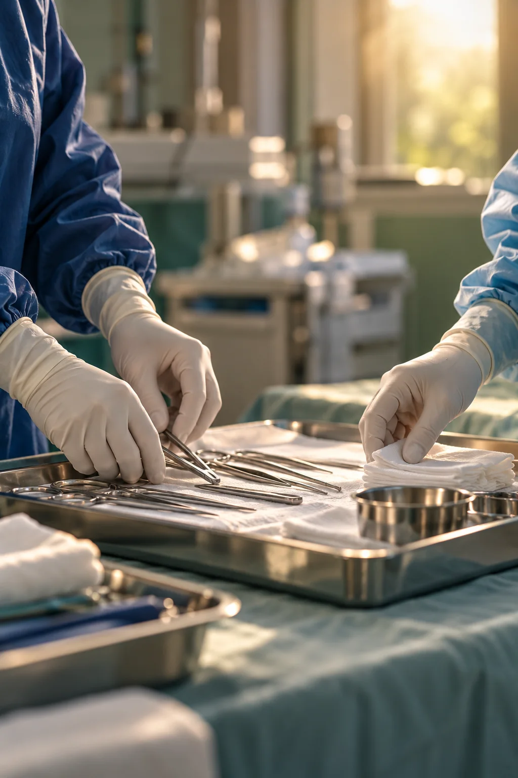 Illustrative image of gloved hands preparing surgical instruments